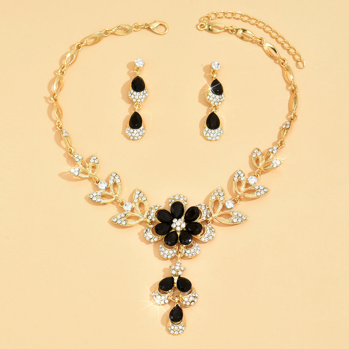 Retro alloy diamond multicolor flower necklace earrings set bride 80803632